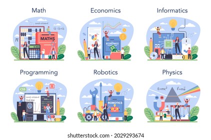 Cursos escolares exactos o conjunto de clases educativas. Estudiante estudiando ciencias duras. Sistema educativo escolar moderno. Matemáticas, física, TI, economía. Ilustración vectorial plana aislada