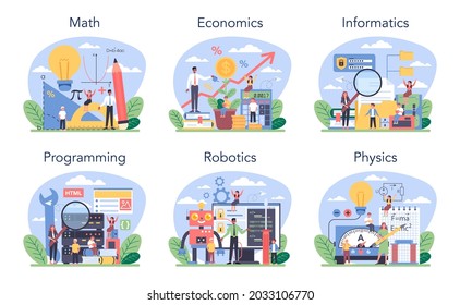 Exact school subjects or educational class set. Student studying hard science. Modern school education system. Mathematics, physics, IT, economics. Isolated flat vector illustration