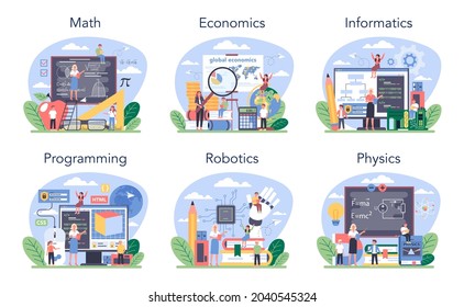 Exact school subjects or educational class set. Student studying hard science. Modern school education system. Mathematics, physics, IT, economics. Isolated flat vector illustration