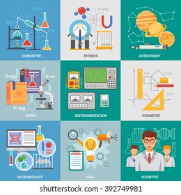 Exact science research 9 flat icons composition poster with chemistry physics astronomy symbols abstract isolated vector illustration