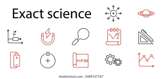 Exact science set icon. Magnet, battery, magnifying glass, planet, gears, graph, voltage, force, triangle ruler, calculator, scientific tools, mathematics, physics, technology, education.