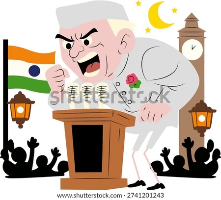 An exaggerated cartoon figure speaks at a podium, symbolizing passionate political discourse in an Indian context with both nighttime and British motifs.