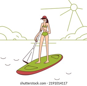 Exaggerated character of a girl on a sup board