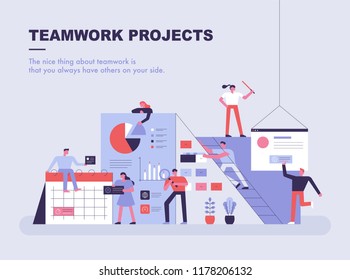 An exaggerated concept template where small people are building business materials. flat design style vector graphic illustration