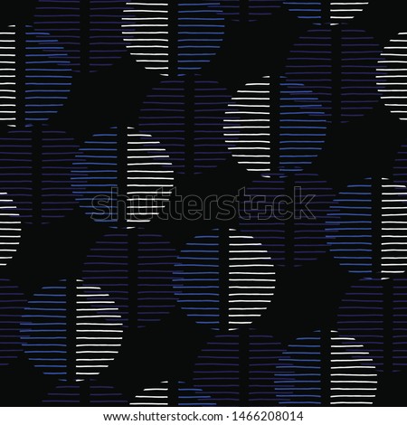 Exaggerated Dark Retro Geo Dots Vector Seamless Pattern. Over Scaled Modern Geometric Blue and Black Circles. Simple Bold Streaking Minimalist Background. Perfect for Fashion, Home Decor