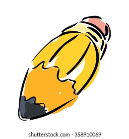 Exaggerated fat yellow loosely rendered line art with color fill cartoon pencil