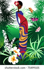 Exaggerated figure of a young pregnant woman among the flowers