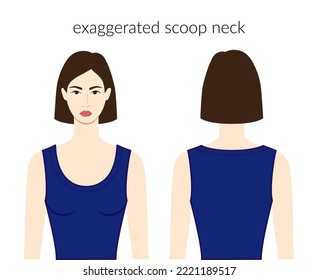 Exaggerated scoop neckline knits, sweaters clothes character beautiful lady in blue top, shirt, dress technical fashion illustration. Flat apparel template front, back sides. Women, men unisex mockup