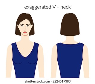 Exaggerated V - neckline knits, sweaters clothes character beautiful lady in blue top, shirt, dress technical fashion illustration. Flat apparel template front, back sides. Women men unisex CAD mockup