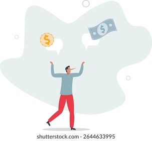 Exaggeration lying about investment profit, income or financial scam, extreme politics story, trap or pitfall concept. character life .