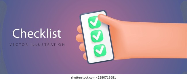 Exam, checklist, questionnaire concept banner in realistic 3d style. Checklist on the phone in the user hand.