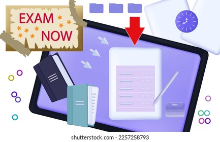 Exam collage. Educational event, passing the test, answering questions, checking knowledge. Tablet with task. Books, clock on the desktop, limited time to complete the survey. Vector 3d illustration.