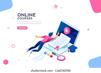 Exam or college research. Teaching infographic, tutorial online, courses, seminar or class. Desk of knowledge concept with characters and text. Flat isometric vector illustration