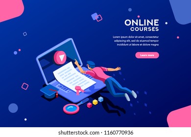 Exam or college research. Teaching infographic, tutorial online, courses, seminar or class. Desk of knowledge concept with characters and text. Flat isometric vector illustration