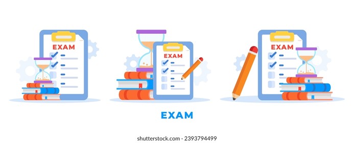 Exam concept with a checklist, books, timer, hourglass, pencil vector illustration set