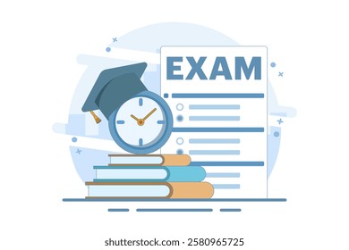Exam concept. Education, study, digital e-learning, degree, postgraduate concept. checking exam results. Modern flat cartoon style. Vector illustration on background.
