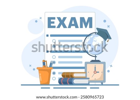 Exam concept. Education, study, digital e-learning, degree, postgraduate concept. checking exam results. Modern flat cartoon style. Vector illustration on background.