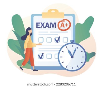 Exam concept. Education, studying, Digital elearnning, degree, graduate concept. Tiny girl student with test exam result. Modern flat cartoon style. Vector illustration on white background