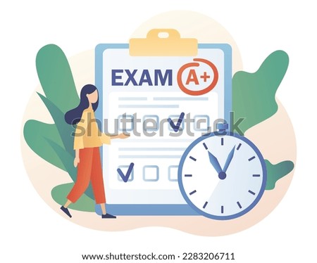 Exam concept. Education, studying, Digital elearnning, degree, graduate concept. Tiny girl student with test exam result. Modern flat cartoon style. Vector illustration on white background