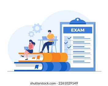 Exam concept, examination, online test, answer, checklist, student, collage, flat illustration vector banner