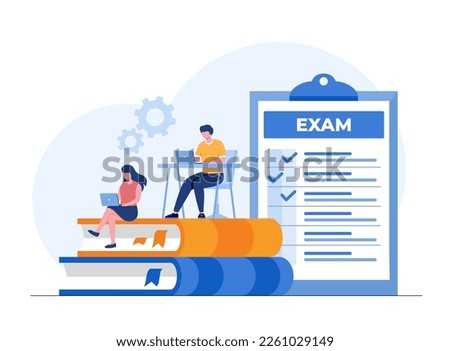 Exam concept, examination, online test, answer, checklist, student, collage, flat illustration vector banner