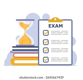 Exam concept with a laptop, checklist, books, timer, hourglass, choosing answer, questionnaire form