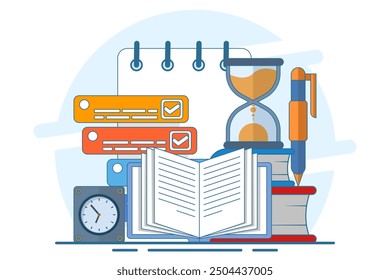 Exam concept, exam paper with timer and hourglass, Exam, Survey, Checklist, Test, Assignment deadline, exam preparation, subject learning course, education concept. flat vector illustration.