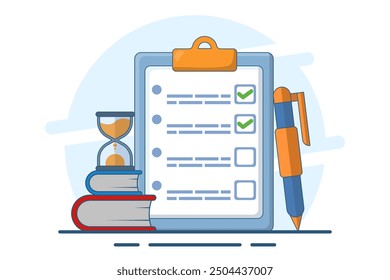 Exam concept, exam paper with timer and hourglass, Exam, Survey, Checklist, Test, Assignment deadline, exam preparation, subject learning course, education concept. flat vector illustration.