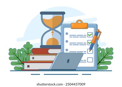 Exam concept, exam paper with timer and hourglass, Exam, Survey, Checklist, Test, Assignment deadline, exam preparation, subject learning course, education concept. flat vector illustration.