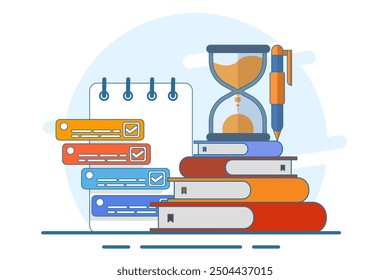 Exam concept, exam paper with timer and hourglass, Exam, Survey, Checklist, Test, Assignment deadline, exam preparation, subject learning course, education concept. flat vector illustration.