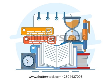 Exam concept, exam paper with timer and hourglass, Exam, Survey, Checklist, Test, Assignment deadline, exam preparation, subject learning course, education concept. flat vector illustration.