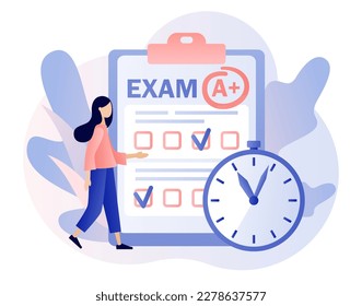 Exam concept. Tiny girl student with test exam result. Education, studying, Digital elearnning, degree, graduate concept. Modern flat cartoon style. Vector illustration on white background
