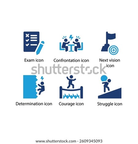 Exam, Confrontation, Next vision, Determination, Courage, Struggle, Blue Icon Set