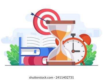 Exam deadline flat illustration vector concept, student learning before exam day, doing hard assignments, and preparing for module work, 