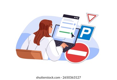 Exame de condução escola no computador. O aluno é aprovado em testes no notebook para receber a licença de motorista. Garota está treinando regras de trânsito, sinais de trânsito para autorização de carro. Ilustração de vetor isolado plano em branco