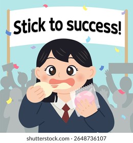 Exam Encouragement Illustration with Student Girl eating Mochi and 'Stick to Success' Quote
