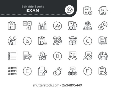 Ícone de linha de exame e exame definido. Teste, treinamento, avaliação, estudo, teste de conhecimentos e habilidades, trabalho de teste, teste final e muito mais. Ícone Contorno em estilo linear. Coleção de vetores.	
