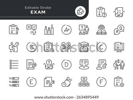 Exam and examination line icon set. Test, training, assessment, study, knowledge and skills testing, test work, final testing and more. Outline icon in linear style. Vector collection.	

