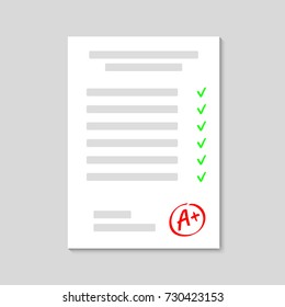 Exam. Examination sheet. Grade result A+. Hand drawn vector grade with plus in circle frame.