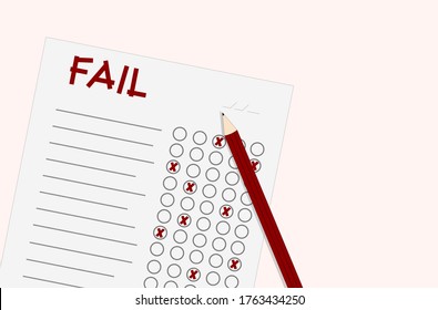 exam fail paper and pencil on pink background. fail word written red cut lines style and cross marks, optical form. education and success theme illustration
