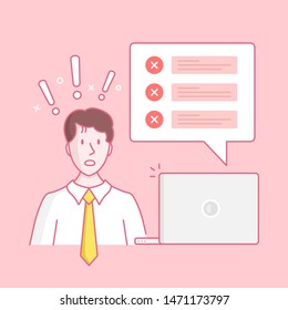 Exam failure, bad survey results, online test failure concepts. Confused man sitting at the laptop, speech bubble with red crosses. Wrong answers. Hand drawn style, line design. Vector illustration