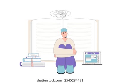 Exam failure Student sitting on the floor, appearing overwhelmed and stressed, with a large open book, stack of books, and a laptop isolated on white background. Vector flat illustration