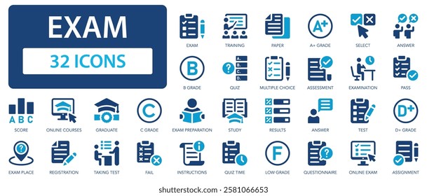 Exam flat icons collection. Training, score, quiz, results, test, online exam, assignment, answer, select, pass, graduate, study sign set.