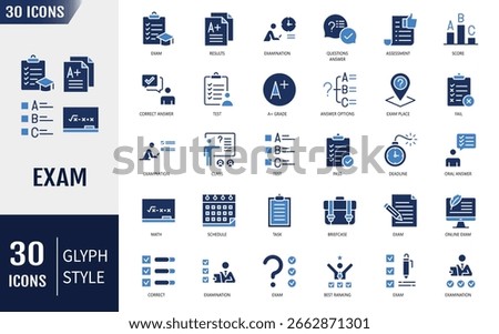 Exam Flat Icons set. Containing questionnaire, test results, answer, and more. Vector illustration