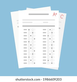 Exam form paper sheet pile with student result evaluation. Passing knowledge test quiz examination checklist folder vector illustration. Idea of online school and university education
