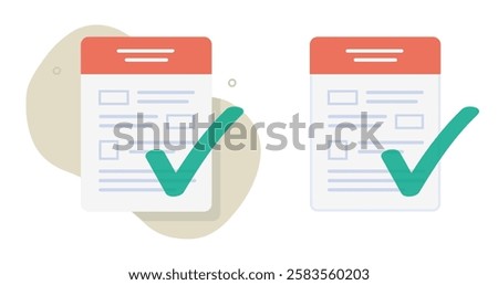Exam form survey paper icon, quiz test document file flat graphic set, tax pass approve symbol, legal claim policy check mark, contract agreement application, good medical healthcare results clip art