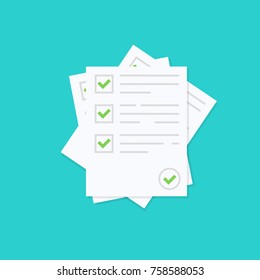 Exam form or Survey paper sheets pile with answered quiz checklist and success result assessment, idea of education test, questionnaire, document vector illustration flat style