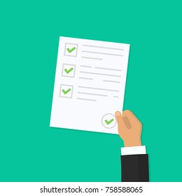 Exam form or Survey paper sheets pile with answered quiz checklist and success result assessment, idea of education test, questionnaire, document vector illustration flat style