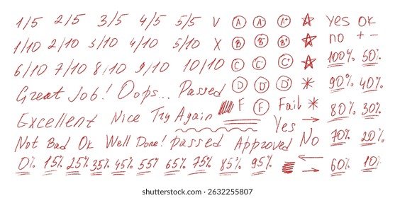 Exam grade marks crayon doodle set. School test results different hand drawn sings. Teacher scores of student homework. Vector handwritten scribble marker academic symbols on white background.