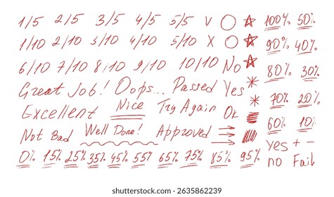 Exam grade marks crayon doodle set. School test results different hand drawn sings. Teacher scores of student homework. Vector handwritten scribble marker academic symbols on white background.